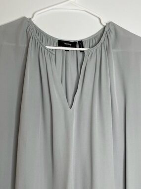 Theory 100% Silk Gathered Slit-Neck Top Blouse Gray Size Small‎